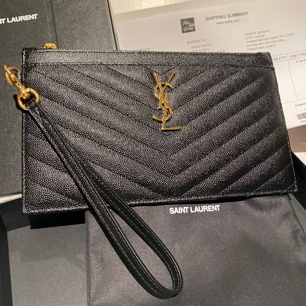 Yves Saint Laurent Black Quilted Leather Wristlet with Gold YSL Logo